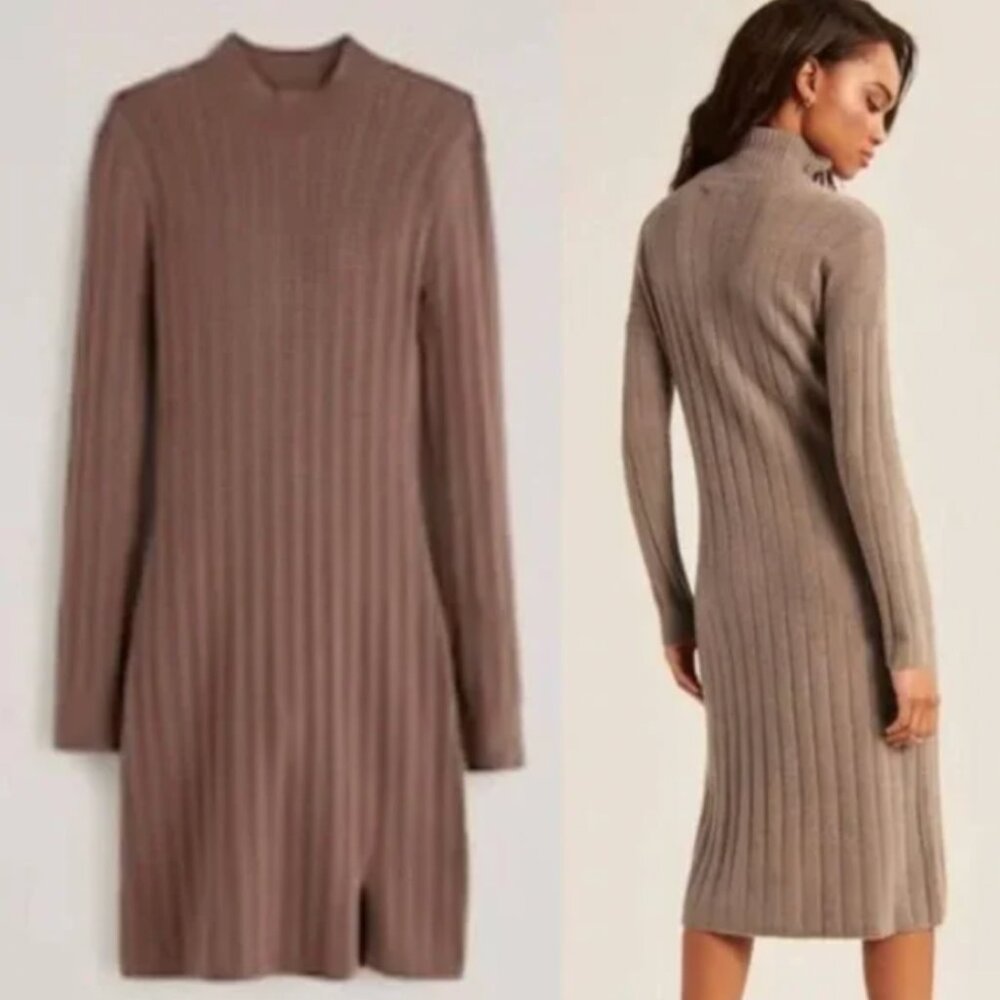 Abercrombie & Fitch Tan Ribbed High Neck Long Sleeve Midi Dress